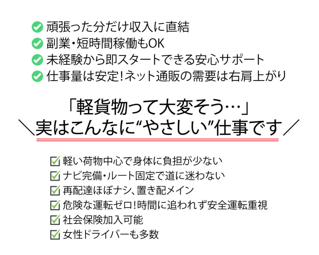 ✅ 頑張った分だけ収入に直結
✅ 副業・短時間稼働もOK
✅ 未経験から即スタートできる安心サポート
✅ 仕事量は安定!ネット通販の需要は右肩上がり
「軽貨物って大変そう…」
\実はこんなに“やさしい”仕事です/
✔ 軽い荷物中心で身体に負担が少ない
✔ ナビ完備・ルート固定で道に迷わない
✔ 再配達ほぼナシ、置き配メイン
✔ 危険な運転ゼロ!時間に追われず安全運転重視
✔ 社会保険加入可能
✔ 女性ドライバーも多数
